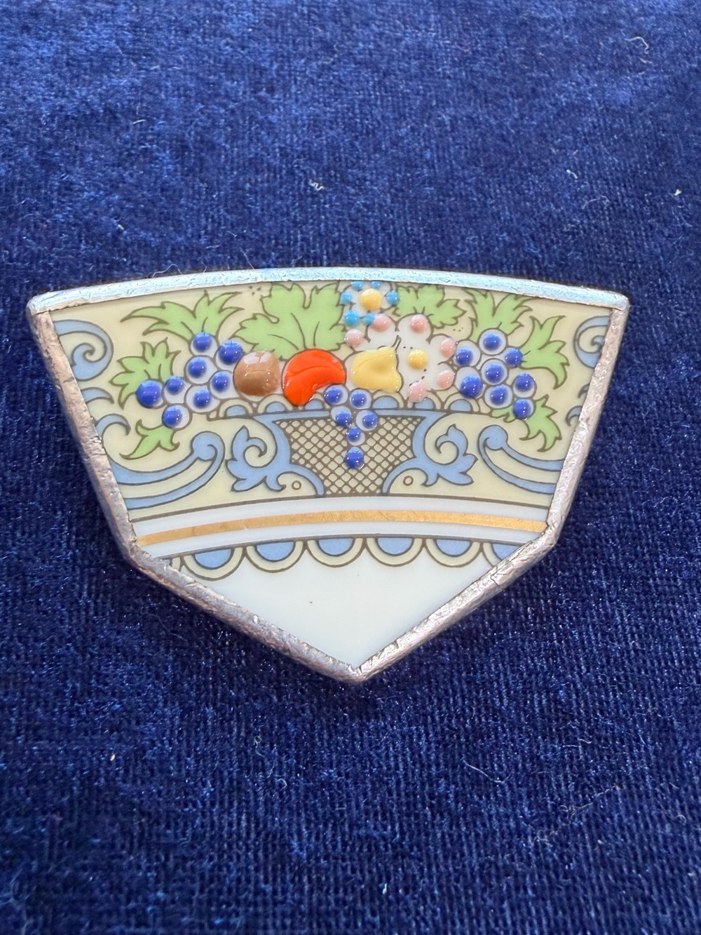 Vintage Silver Tone Porcelain Plate Chip Brooch